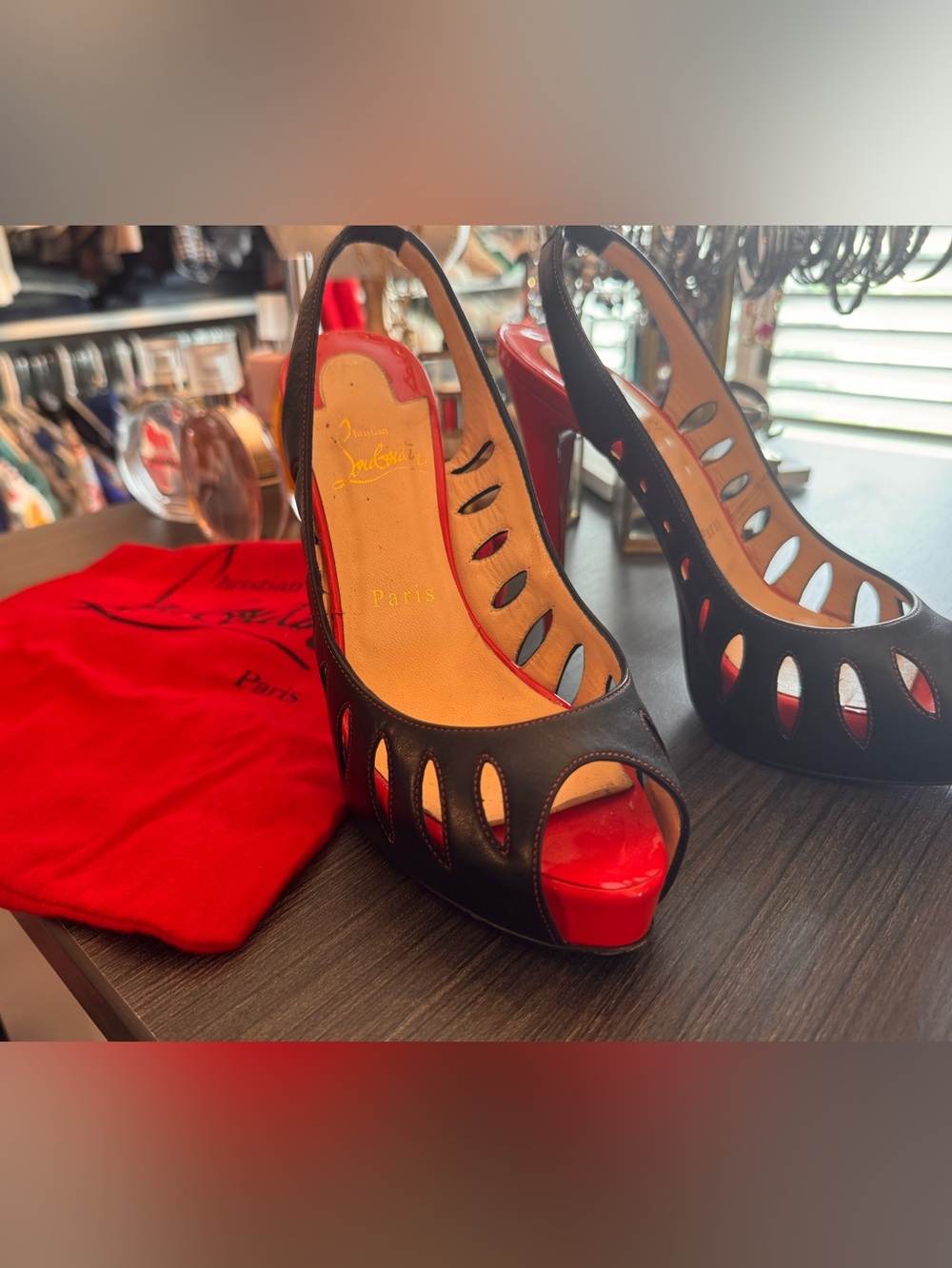 Christian Louboutin Black Peep-Toe laser cut Slingback Pumps with Red Platform